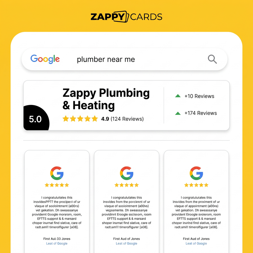 Google search for a local plumber shown twice: the same business buried on page two, then ranked first in the map pack with five stars