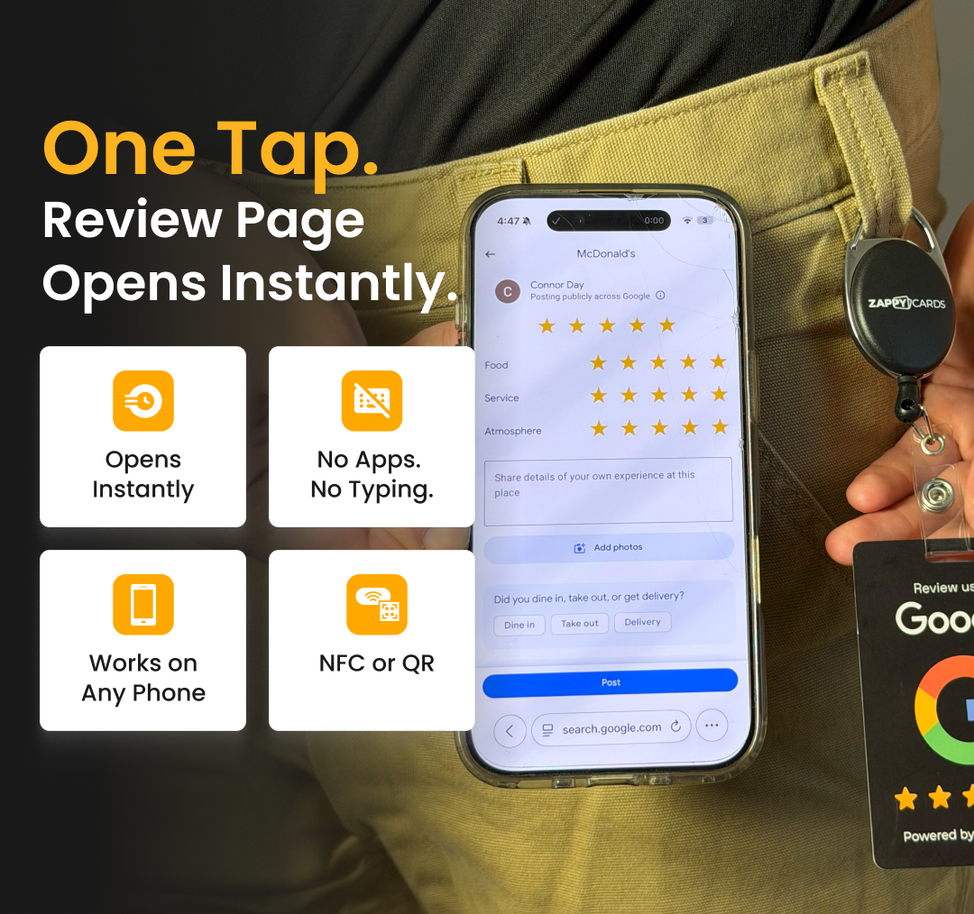 ZappyCards NFC review card with clip-on badge design worn by service pros