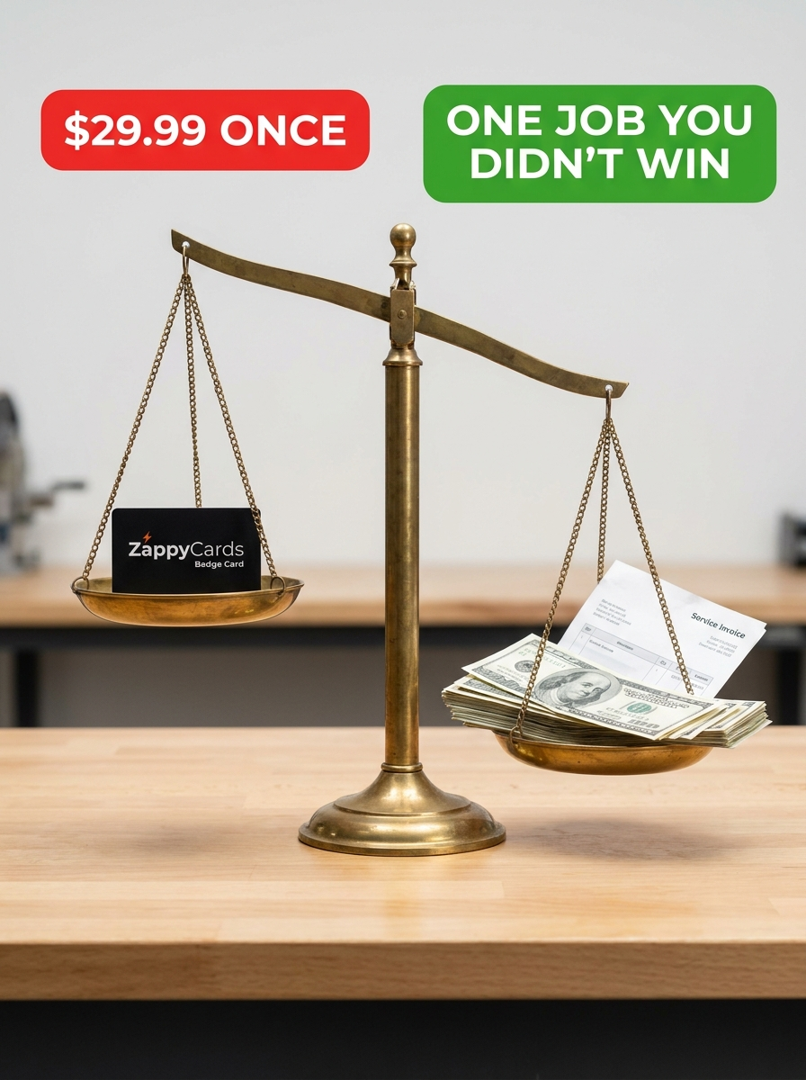A brass balance scale weighing a single ZappyCard against the cash from one won job