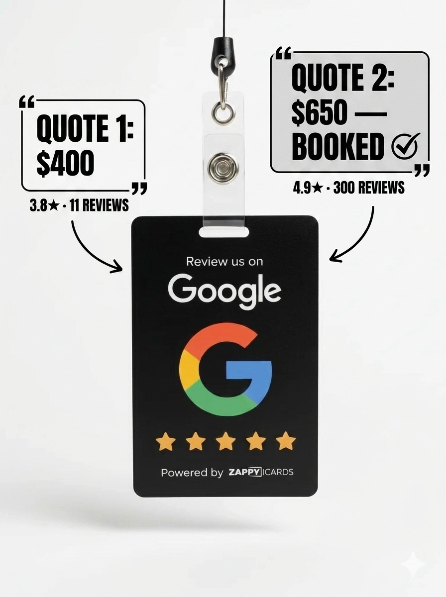 Two service quotes on a kitchen counter, the higher-priced business with the better star rating winning the job