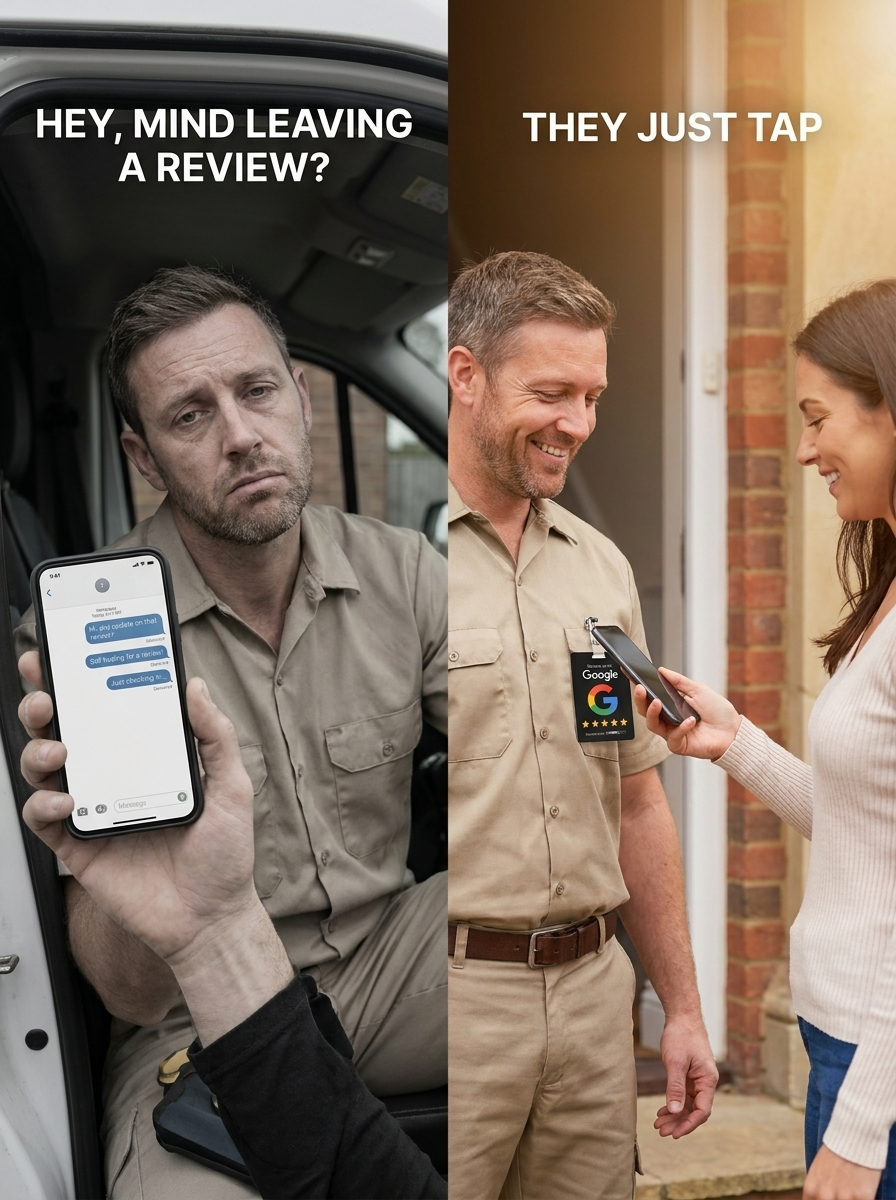 A tradesperson sending unanswered review-request texts, beside a customer simply tapping their phone on a ZappyCard at the door